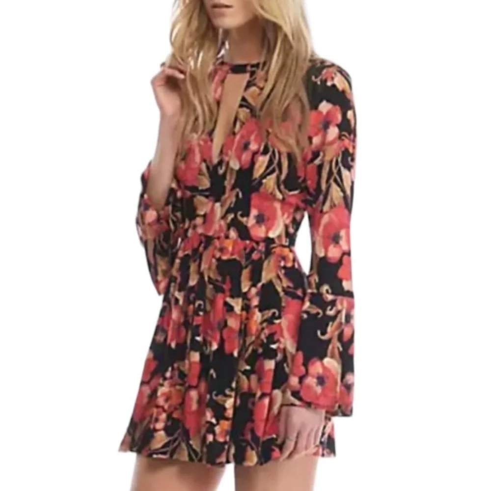 FREE PEOPLE: Tegan Black Floral Long Sleeve Mini Dress -Size 4
